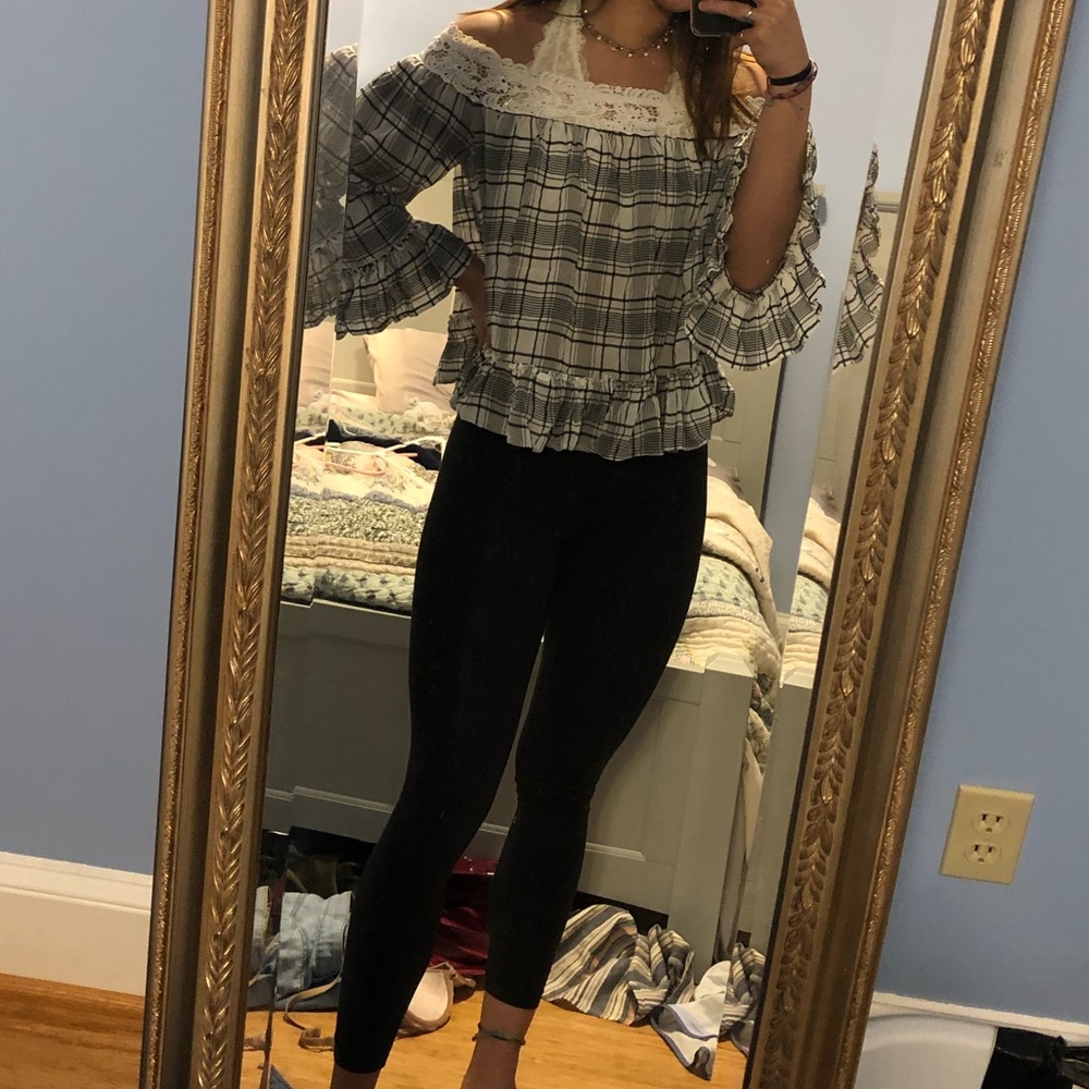 Off the shoulder lace plaid top